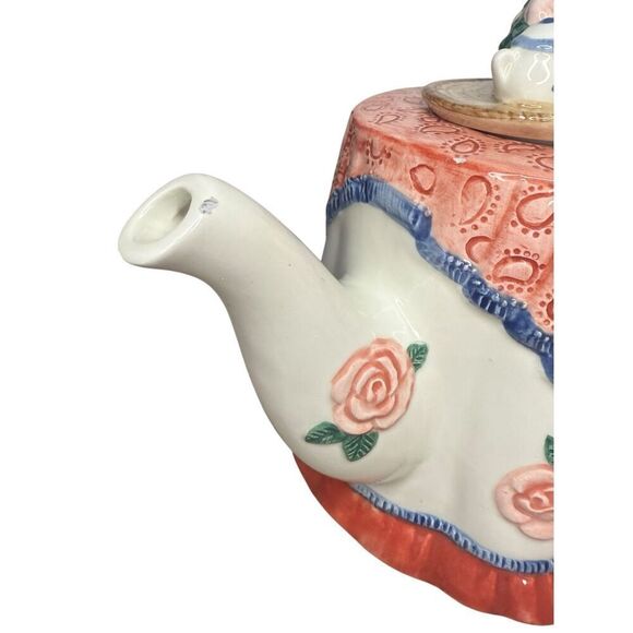 Vintage Fitz and Floyd Teapot 34 oz Pink 3D Blushing Roses Floral Leaves FF 1988 - Picture 3 of 7
